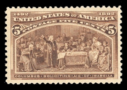 United States 1893 Columbian Issue (234) 5c chocolate, n.h., jumbo margins, with 2009 PSE certificate graded XF 90J (SMQ $650)