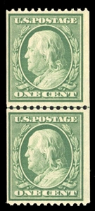 United States 1908-9 Issues (348) 1909 1c green, vertical guide line pair, n.h., fine, with 2020 Crowe certificate, cat. value $650