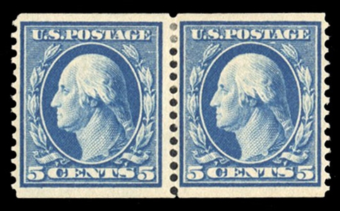 United States 1908-9 Issues (355) 1909 5c blue, horizontal pair, h.r., well centered, v.f., with 2023 Crowe certificate, cat. value $600