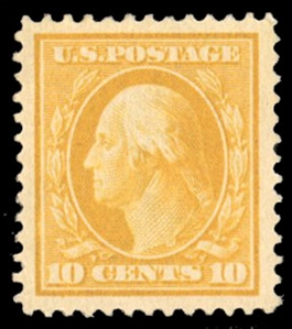 United States 1909-13 Issues (381) 1911 10c yellow, l.h., well centered with jumbo margins, fresh color, with 1989 PFC and 2023 PSE certificate, the latter graded XF-Sup 95J (SMQ $300)