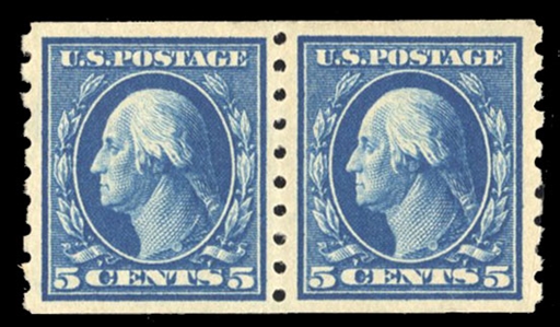 United States 1909-13 Issues (396) 1910 5c blue, horizontal pair, l.h., well centered, with 2021 Crowe certificate graded 90 (SMQ $200)