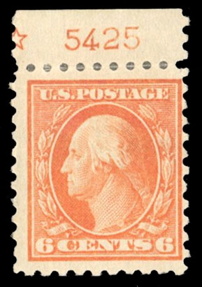 United States 1909-13 Issues (429) cat. value $50, 1913 6c red orange, plate number single, hinged