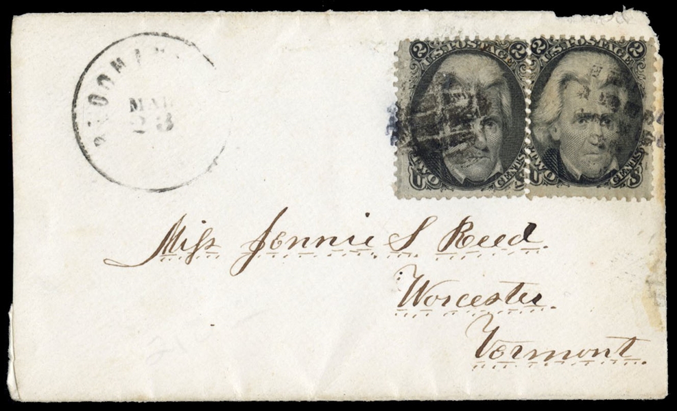 United States 1861-68 Issues (73) 1861 2c black, two copies on small cover to Vermont, some toning