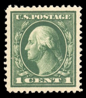 United States 1914-17 Issues (405) 1914 1c green, small h.r., perfectly centered with jumbo margins, beautiful color, with 2021 PSE certificate graded "Gem 100J" (SMQ $375 for "100")