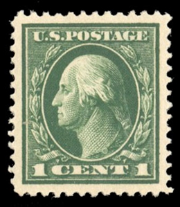 United States 1914-17 Issues (405) 1914 1c green, small h.r., perfectly centered with jumbo margins, beautiful color, with 2021 PSE certificate graded Gem 100J (SMQ $375 for 100)