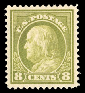 United States 1914-17 Issues (414) 1914 8c pale olive green, small h.r., perfectly centered with wide, even margins, fresh color, with 2022 PSE certificate graded "Gem 100" (SMQ $525)