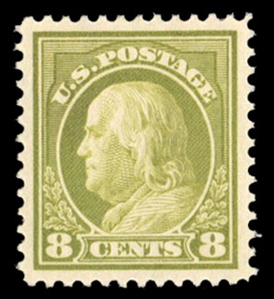 United States 1914-17 Issues (414) 1914 8c pale olive green, small h.r., perfectly centered with wide, even margins, fresh color, with 2022 PSE certificate graded Gem 100 (SMQ $525)