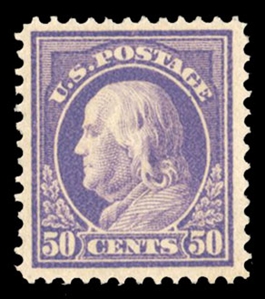 United States 1914-17 Issues (422) 1914 50c violet, small h.r., well centered, with 2023 Crowe certificate graded 80 (SMQ $275)