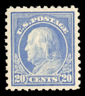 United States 1914-17 Issues (438) 1914 20c ultramarine, small h.r., well centered with wide margins, with 2021 Crowe certificate graded "95" (SMQ $500)