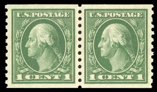United States 1914-17 Issues (443) 1914 1c green, horizontal pair, n.h., near perfect centering with wide margins, fresh color, with 2018 PSE certificate graded "Superb 98" (SMQ $1,000)
