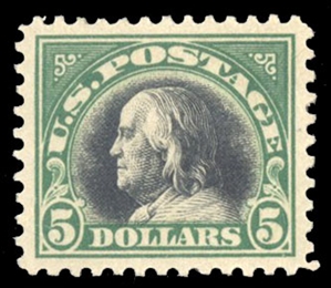 United States 1917-29 Issues (524) 1918 $5 deep green and black, h.r., perfectly centered, wide margins, beautiful color, with 2023 Crowe and 2023 PSE certificates, both graded Gem 100 (SMQ $750)