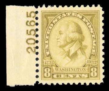 United States 1930-Present (713) 1932 8c olive bister, left margin plate no. single, n.h., near perfect centering with jumbo margins, with 2022 PSE certificate graded Superb 98J (SMQ $300)