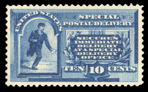 United States Special Delivery (E1) 1885 10c blue, barest trace of a hinge, well centered, with 1983 PFC and 2022 PSE certificate, the latter graded XF 90 (SMQ $750)