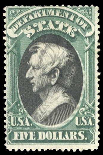 United States Officials (O69) 1873 State, $5 green and black, part original gum, nice colors, fine, with 2021 Crowe certificate, cat, value $8,000