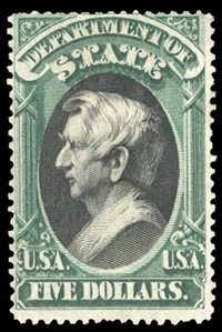 United States Officials (O69) 1873 State, $5 green and black, part original gum, nice colors, fine, with 2021 Crowe certificate, cat, value $8,000
