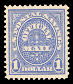 United States Officials (O123) 1911 Postal Savings, $1 ultramarine, small h.r., well centered, with 2024 PSE certificate graded "XF 90" (SMQ $400)