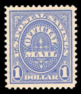 United States Officials (O123) 1911 Postal Savings, $1 ultramarine, small h.r., well centered, with 2024 PSE certificate graded XF 90 (SMQ $400)