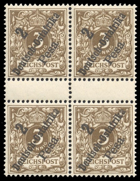 German East Africa (6, Mi. 6ZS) cat. value €24, 1896 2p on 3pf dark brown, gutter block of four, lightly hinged