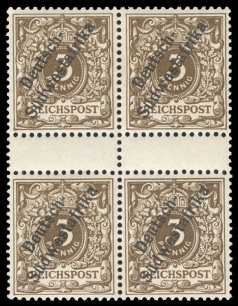 German South West Africa (7, Mi. 5ZS) cat. value €36, 1898 3pf dark brown, gutter block of four, hinged
