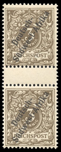 German South West Africa (7, Mi. 5ZS) cat. value €16, 1898 3pf dark brown, vertical gutter pair, lightly hinged
