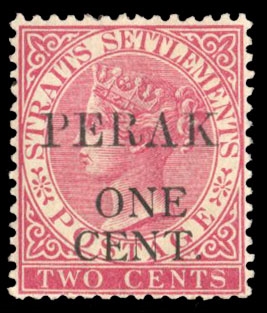 Perak (13) $350, 1891 1c on 2c rose, dried gum