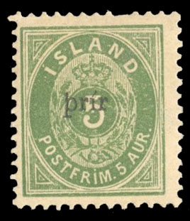 Iceland (33A) $1,100, 1897 3a on 5a green, hinge remnant, short perf., signed Bloch