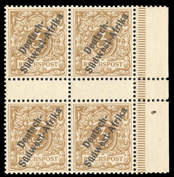 German South West Africa (1a, Mi. 1aZS) cat. value €240, 1897 3pf yellow brown, gutter block of four, hinged