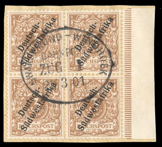 German South West Africa (7b) $44+, 1898 3pf yellow brown, block of four, used on piece