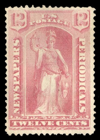 United States Newspaper Stamps (PR40) 1875 12c rose, unused without gum as issued, fine, with 2000 PFC, only 1,313 sold, cat. value $1,600