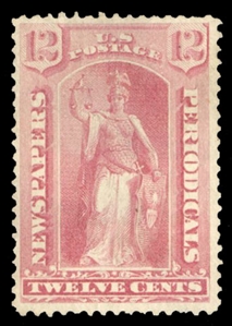 United States Newspaper Stamps (PR40) 1875 12c rose, unused without gum as issued, fine, with 2000 PFC, only 1,313 sold, cat. value $1,600