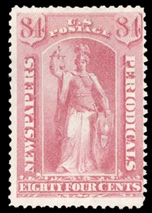 United States Newspaper Stamps (PR46) 1875 84c rose, unused without gum as issued, nice color, short perf. at top not mentioned on accompanying certificate, otherwise fine & rare as only 164 were sold