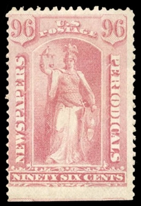 United States Newspaper Stamps (PR47) 1875 96c rose, unused without gum as issued, natural straight edge at bottom, fine and scare as only 141 were sold, with 2023 PSE certificate, cat. value $10,000