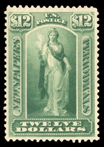 United States Newspaper Stamps (PR75) 1879 $12 yellow green, h.r., well centered, bright color, v.f., with 2023 Crowe certificate, cat. value $850