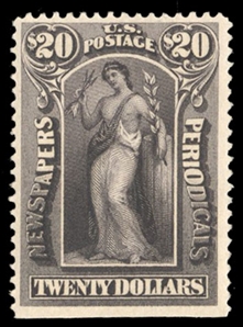 United States Newspaper Stamps (PR111) 1895 $20 slate, natural straight edge at bottom, l.h., fine, with 2024 Crowe certificate, cat. value $3,250