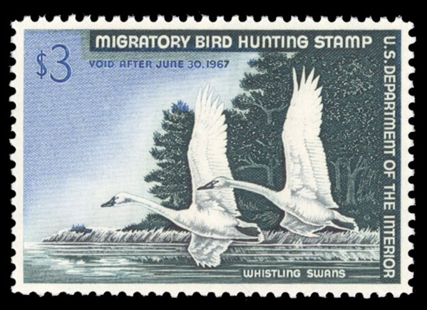 United States Duck Hunting (RW33) 1966 $3 Whistling Swans, n.h., near perfect centering, with 2022 PSE certificate graded "Superb 98" (SMQ $350)