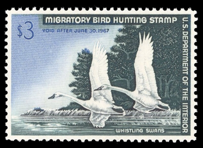 United States Duck Hunting (RW33) 1966 $3 Whistling Swans, n.h., near perfect centering, with 2022 PSE certificate graded Superb 98 (SMQ $350)