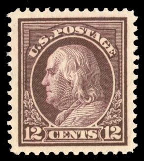 United States 1914-17 Issues (417) 1914 12c claret brown, near perfect centering with jumbo margins, with 2023 PSE certificate graded "Superb 98J" (SMQ $275)