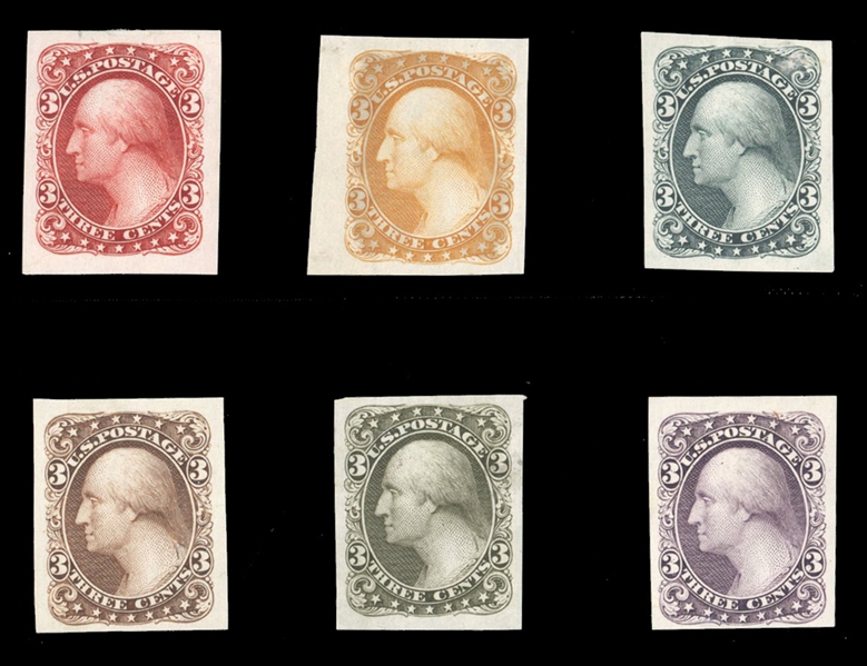 United States (184-E5e) cat. value $90, 1877 3c Washington, six different plate essays on proof paper