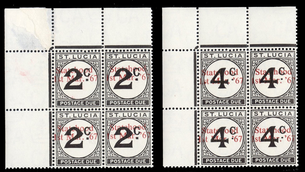 St. Lucia (D11-12var) 1967 "Statehood" unissued overprint, set of two in blocks of four, never hinged
