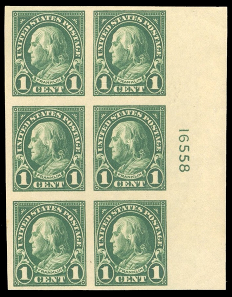 United States 1917-29 Issues (575) cat. value $115, 1c green plate block of six, never hinged