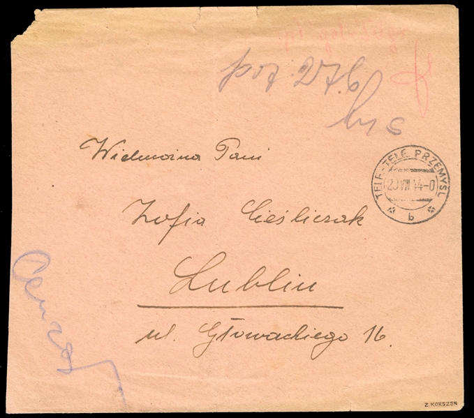 Polish Peoples Republic 1944 (20 Aug) cover from Przemysl to Lublin, with an obsolete "TELF-TELE PRZEMYSL" departure cds, crayon manuscript "Opl.Gotowka 50gr" (Paid 50gr in cash)