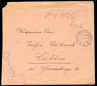 Polish Peoples Republic 1944 (20 Aug) cover from Przemysl to Lublin, with an obsolete "TELF-TELE PRZEMYSL" departure cds, crayon manuscript "Opl.Gotowka 50gr" (Paid 50gr in cash)
