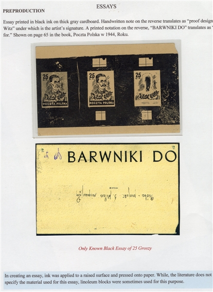 "Wodzowie" (Leaders) Issue - unaccepted designs 1944 Ignacy Witzs Essay of 25gr Romuald Traugutt, sheetlet of three stage impressions in black, printed on thick gray, ungummed cardboard paper