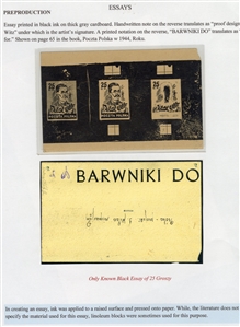 "Wodzowie" (Leaders) Issue - unaccepted designs 1944 Ignacy Witzs Essay of 25gr Romuald Traugutt, sheetlet of three stage impressions in black, printed on thick gray, ungummed cardboard paper