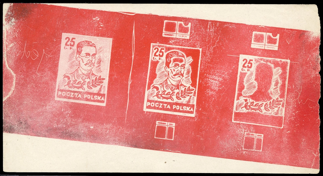 "Wodzowie" (Leaders) Issue - unaccepted designs 1944 Ignacy Witzs Essay of 25gr Romuald Traugutt, sheetlet of three stage impressions in red, printed diagonally on white, ungummed "Victoria" paper