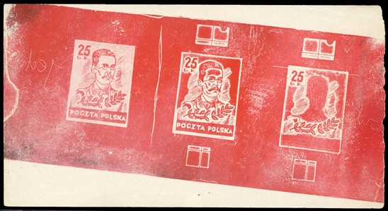 "Wodzowie" (Leaders) Issue - unaccepted designs 1944 Ignacy Witzs Essay of 25gr Romuald Traugutt, sheetlet of three stage impressions in red, printed diagonally on white, ungummed "Victoria" paper