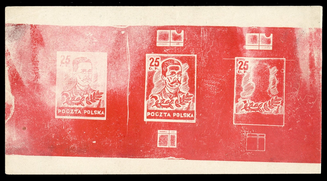 POLAND "Wodzowie" (Leaders) Issue - unaccepted designs 1944 Ignacy Witzs Essay of 25gr Romuald Traugutt, sheetlet of three stage impressions in red, printed on white, ungummed "Victoria" paper, v.f.