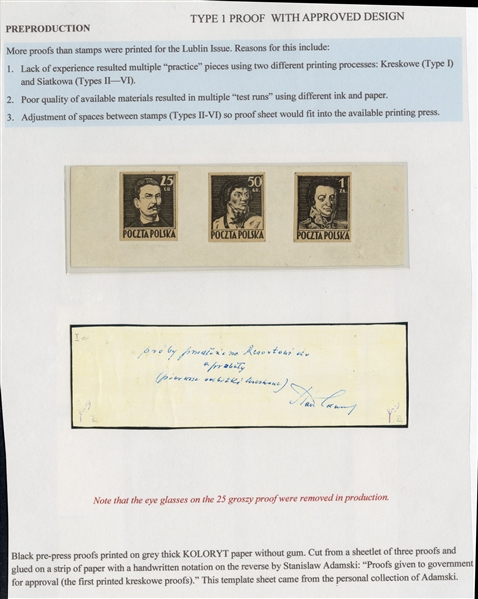 Proofs (341-343P) 1944 25gr, 50gr and 1zl black, set of three plate proofs, printed on thick, gray "KOLORYT" paper, affixed on strip of paper, with a handwritten notation signed by Stanislaw Adamski
