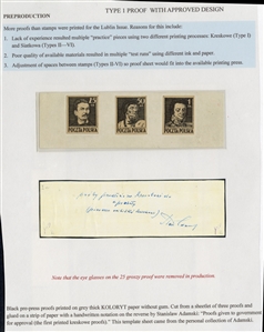 Proofs (341-343P) 1944 25gr, 50gr and 1zl black, set of three plate proofs, printed on thick, gray "KOLORYT" paper, affixed on strip of paper, with a handwritten notation signed by Stanislaw Adamski