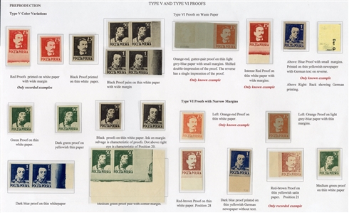 Proofs (341-343P) 1944 25gr (9), 50gr (4), 1zl (3), also four horizontal pairs, selection neatly described on double exhibit page, showing type V and VI proofs, 1zl on newsprint with German text
